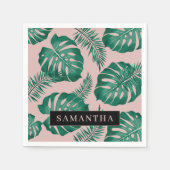 トロピカルピンク&グリーンパーム葉のパターン&名前 スタンダードカクテルナプキン (正面)