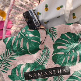 トロピカルピンク&グリーンパーム葉のパターン&名前 バスタオルセット