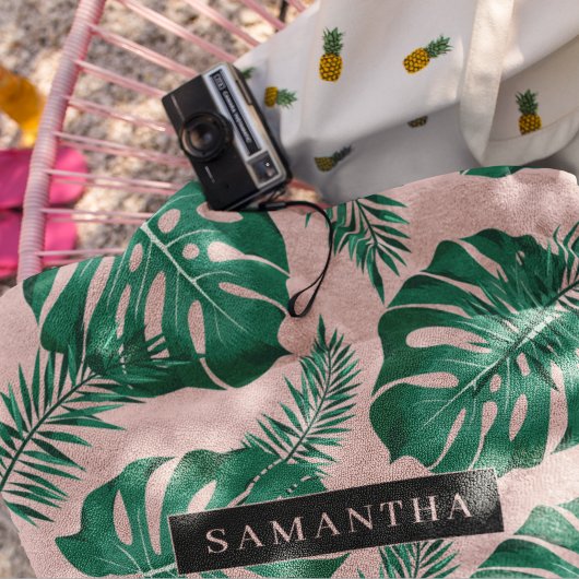 トロピカルピンク&グリーンパーム葉のパターン&名前 バスタオルセット