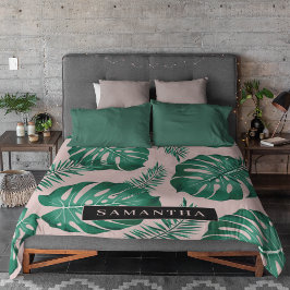 トロピカルピンク&グリーンパーム葉のパターン&名前 フリースブランケット