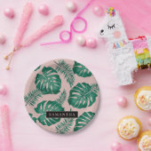 トロピカルピンク&グリーンパーム葉のパターン&名前 ペーパープレート (パーティー)