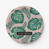 トロピカルピンク&グリーンパーム葉のパターン&名前 ペーパープレート (正面)