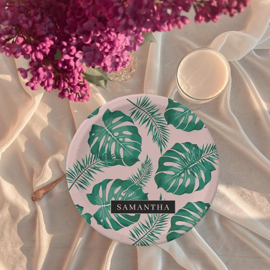 トロピカルピンク&グリーンパーム葉のパターン&名前 ペーパープレート