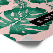 トロピカルピンク&グリーンパーム葉のパターン&名前 ポスター (角)