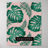 トロピカルピンク&グリーンパーム葉のパターン&名前 ポスター (正面)