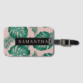 トロピカルピンク&グリーンパーム葉のパターン&名前 ラゲッジタグ (正面横)