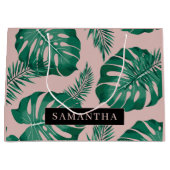 トロピカルピンク&グリーンパーム葉のパターン&名前 ラージペーパーバッグ (正面)