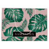 トロピカルピンク&グリーンパーム葉のパターン&名前 ラージペーパーバッグ (裏面)
