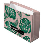 トロピカルピンク&グリーンパーム葉のパターン&名前 ラージペーパーバッグ (正面アングル)