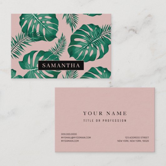 トロピカルピンク&グリーンパーム葉のパターン&名前 名刺 (正面/裏面)