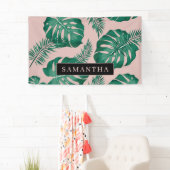 トロピカルピンク&グリーンパーム葉のパターン&名前 横断幕 (インサイチュ)