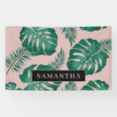 トロピカルピンク&グリーンパーム葉のパターン&名前 横断幕 (横)