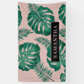 トロピカルピンク&グリーンパーム葉のパターン&名前 横断幕 (縦)