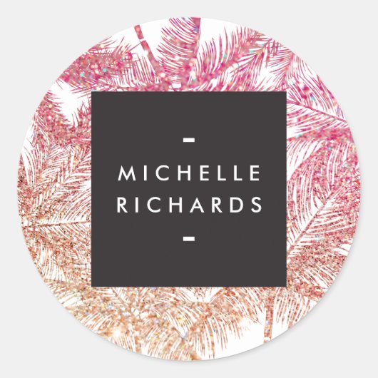 トロピカルピンク/ブロンズグリッターパームステッカー ラウンドシール (正面)