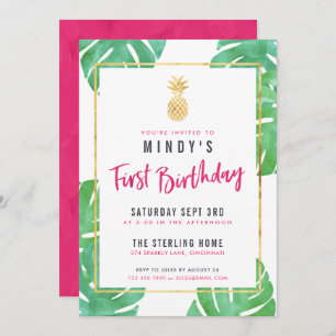 トロピカルピンク&金ゴールド1歳パーティの招待状 招待状