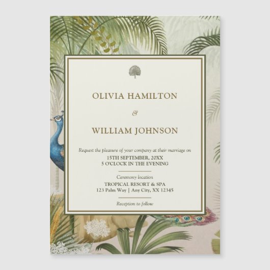トロピカルピーコックパーム磁気結婚式招待状 (正面)