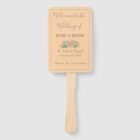 トロピカルピーチアンドティール(緑がかった色)結婚式 プログラム ハンドファン (正面)