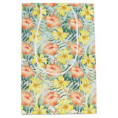 トロピカルピーチイエローハイビスカスフラワーズミントグラデーション ミディアムペーパーバッグ (正面)