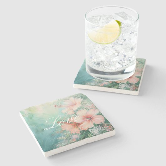 トロピカルピーチホワイトハイビスカスフローララブ ストーンコースター (横)