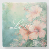 トロピカルピーチホワイトハイビスカスフローララブ ストーンコースター (正面)