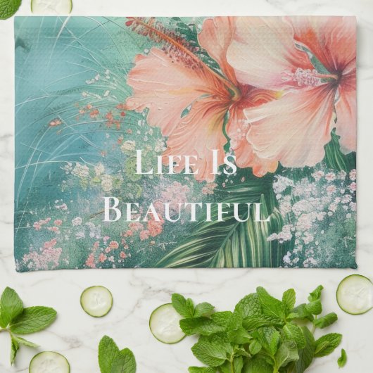 トロピカルピーチホワイトハイビスカスフローラ キッチンタオル (折り畳み)