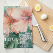 トロピカルピーチホワイトハイビスカスフローラ キッチンタオル (四つ折り)