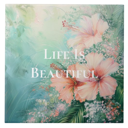 トロピカルピーチホワイトハイビスカスフローラ タイル (正面)