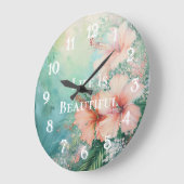 トロピカルピーチホワイトハイビスカスフローラ ラージ壁時計 (傾斜)
