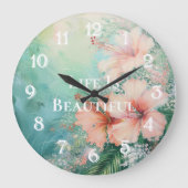 トロピカルピーチホワイトハイビスカスフローラ ラージ壁時計 (正面)