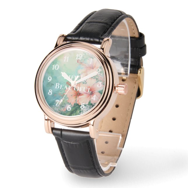 トロピカルピーチホワイトハイビスカスフローラ 腕時計 (傾斜)
