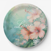 トロピカルピーチホワイトハイビスカス結婚フローラ ペーパープレート (正面)