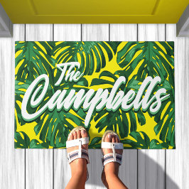 トロピカルファミリー名グリーンイエローモンステラ葉 ドアマット