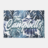 トロピカルファミリー名ブルーホワイトパーム離れ ドアマット (正面)