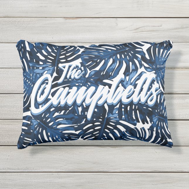 トロピカルファミリー名ブルーホワイト離れパターン アウトドアクッション (正面)