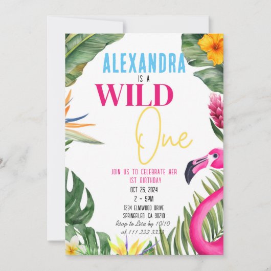 トロピカルファーストワイルドワンガールフローラ誕生日 招待状 (正面)