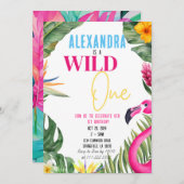 トロピカルファーストワイルドワンガールフローラ誕生日 招待状 (正面/裏面)