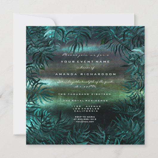 トロピカルファーンリーフフレームティール（緑がかった色）ウッドランドグリーン 招待状 (正面)