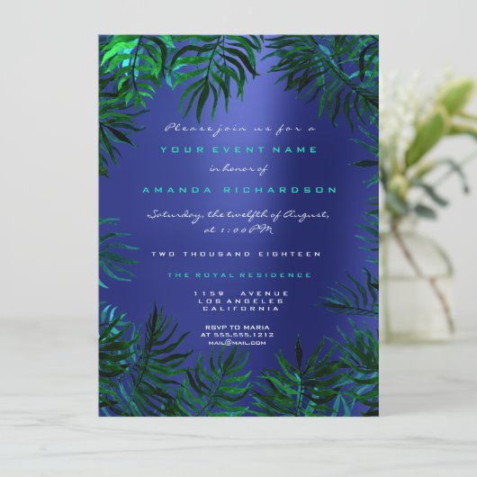 トロピカルファーンリーフフレームティール(緑がかった色)水中競技グリーンブルー 招待状 (スタンド正面)