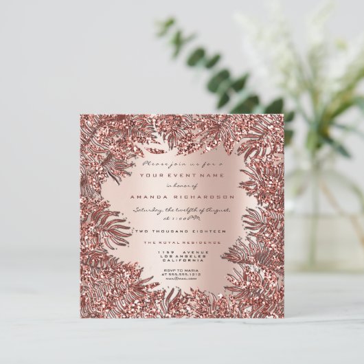 トロピカルファーンリーフフレームバラ金ゴールドピンクメタリック 招待状 (スタンド正面)