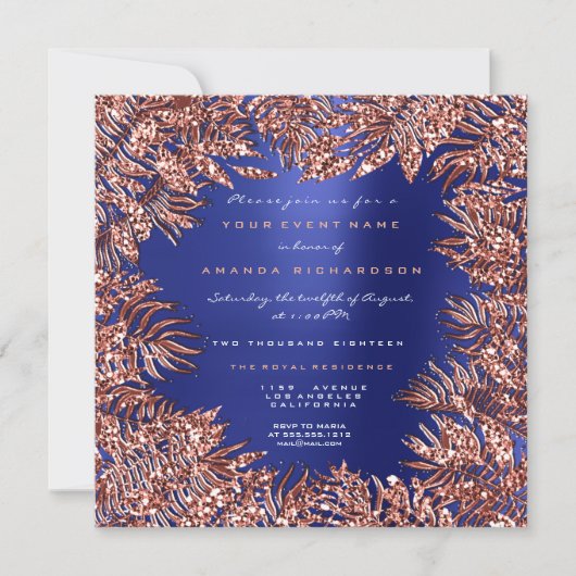 トロピカルファーンリーフフレームバラ金ゴールド銅ブルー 招待状 (正面)
