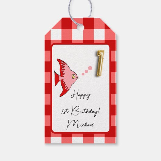 トロピカルフィッシュレッドジンジャムハッピー一次誕生日 ギフトタグ (正面)