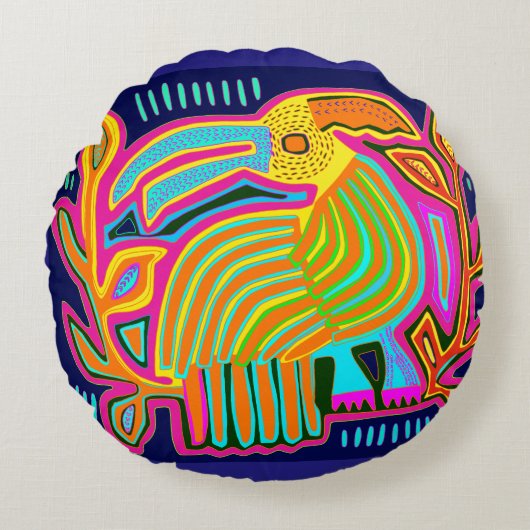 トロピカルフォークアートオウム ラウンドクッション (正面)