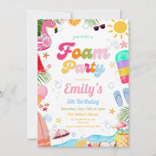 トロピカルフォームパーティー誕生日サマービーチパーティー 招待状 (正面)