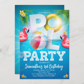 トロピカルフラミングルプールパーティー誕生日 招待状 (正面/裏面)