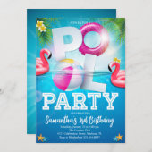 トロピカルフラミングルプールパーティー誕生日 招待状 (正面/裏面)