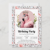 トロピカルフラミンゴと王冠の誕生日パーティー 招待状 (正面)