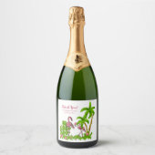 トロピカルフラミンゴと花ボトルラベル スパークリングワインラベル (正面)