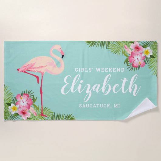 トロピカルフラミンゴアクアガールズウィークエンド名前をカスタムする ビーチタオル (正面)