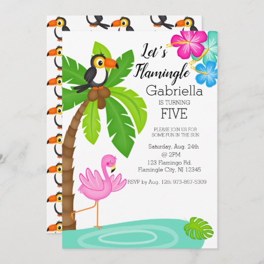 トロピカルフラミンゴウィズトゥーカン誕生日 招待状 (正面/裏面)