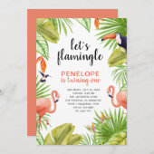 トロピカルフラミンゴウォーターカラーファースト誕生日 招待状 (正面/裏面)